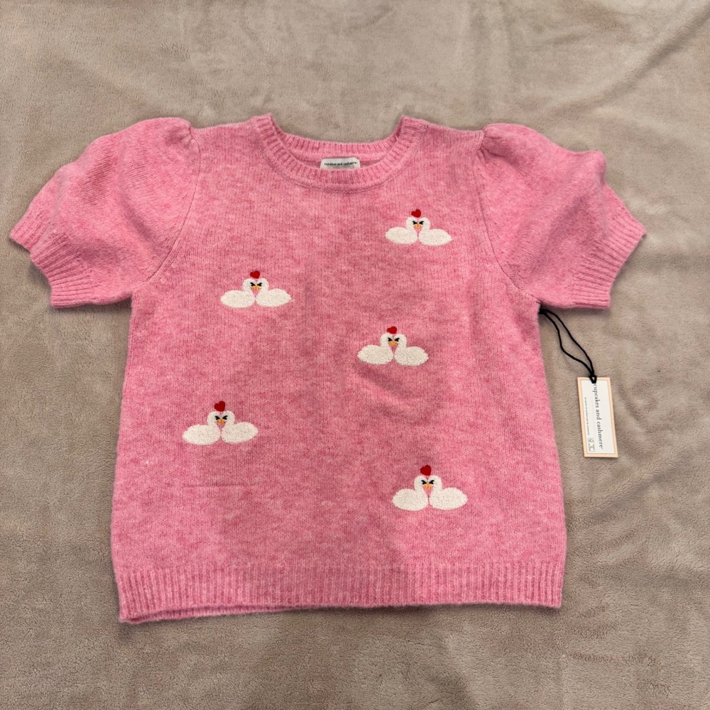 NWT Pink Swan Embroidered Puff Sleeve‎ Novelty Coquette Sweater SZ L - Picture 2 of 9